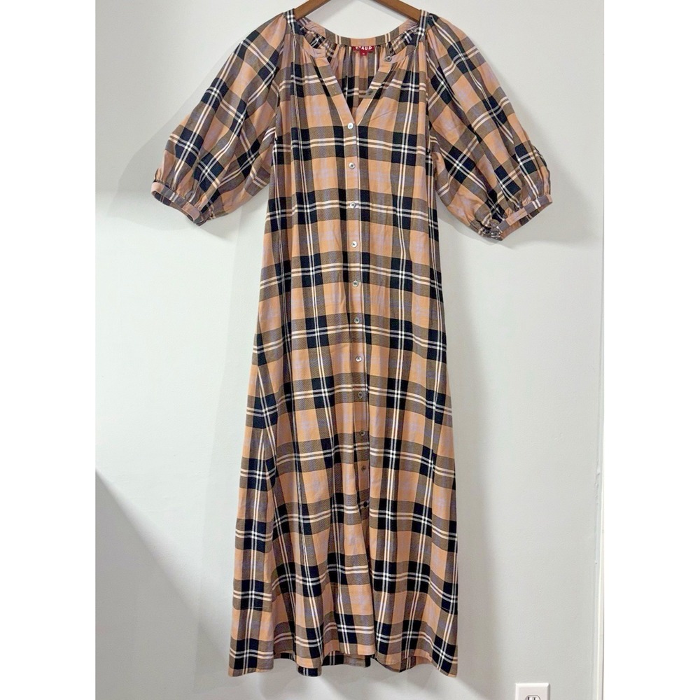 STAUD Plaid Cotton Midi Dress Button Front Puff Sleeve Women's Size Medium Tan - Picture 3 of 11